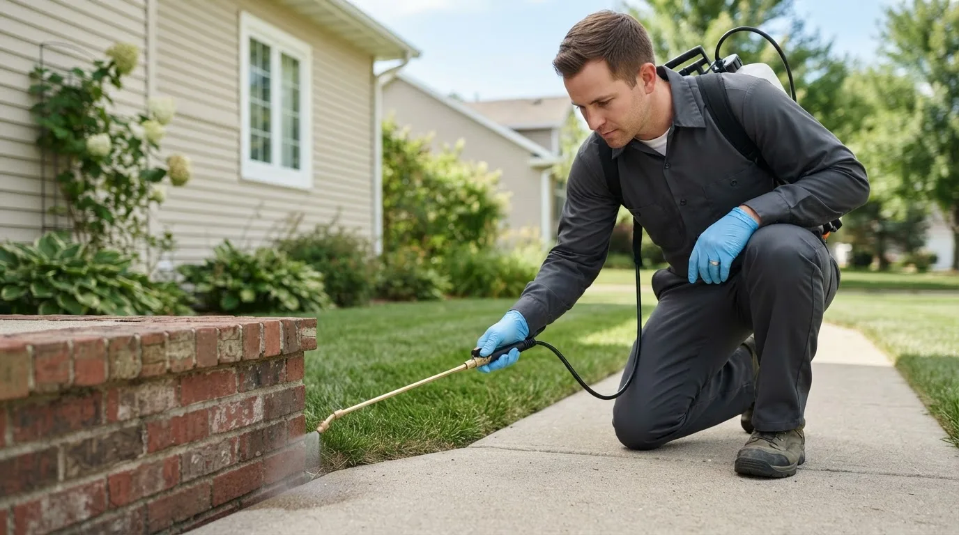 Pest control technician treating a home near Bangor, ME